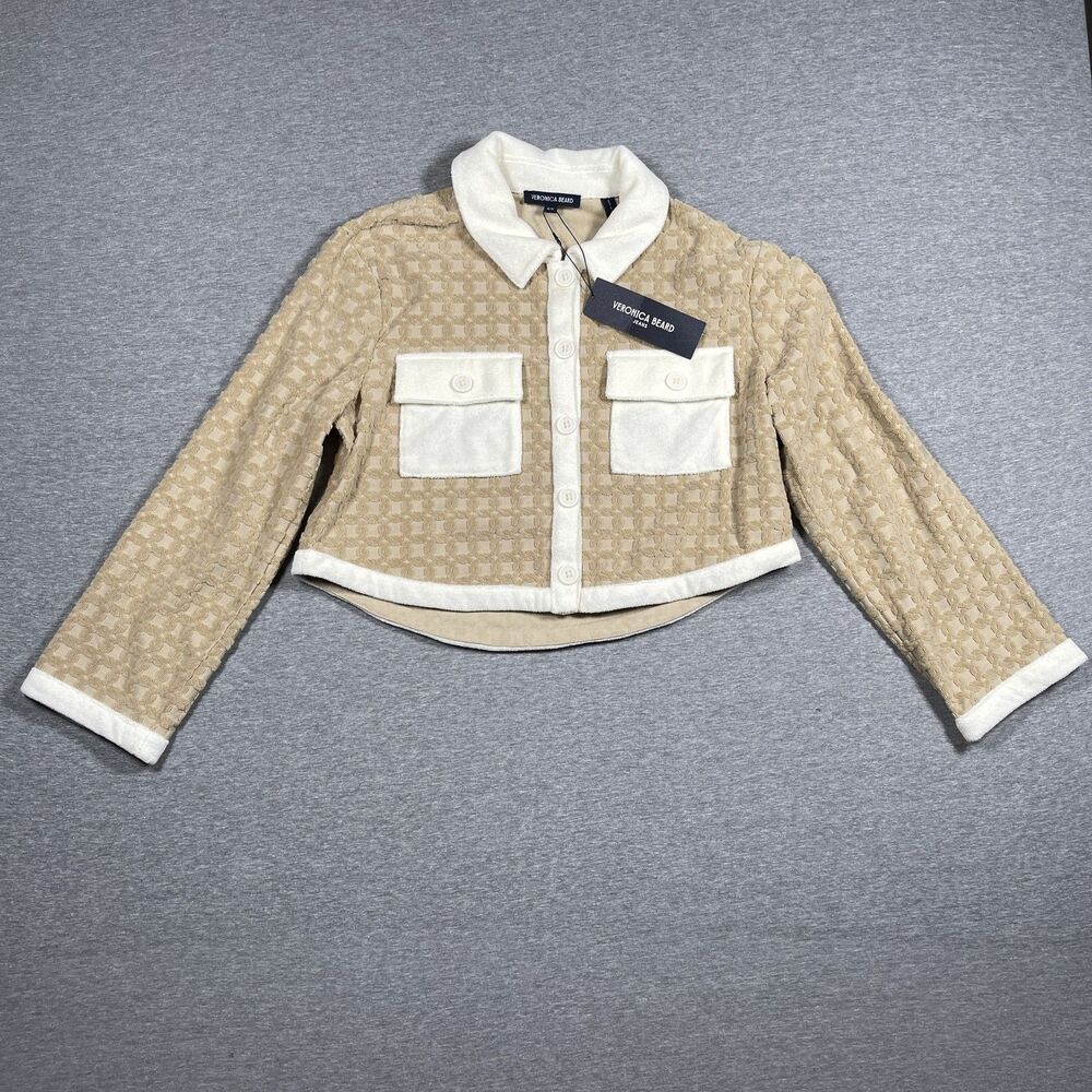 Veronica Beard Crop Sweater Old Money Preppy Cardigan Womens M Tan Beige Zariah